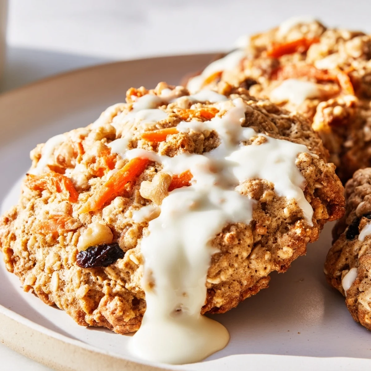 Warm spiced carrot cake cookies topped with luscious cream cheese glaze close-up