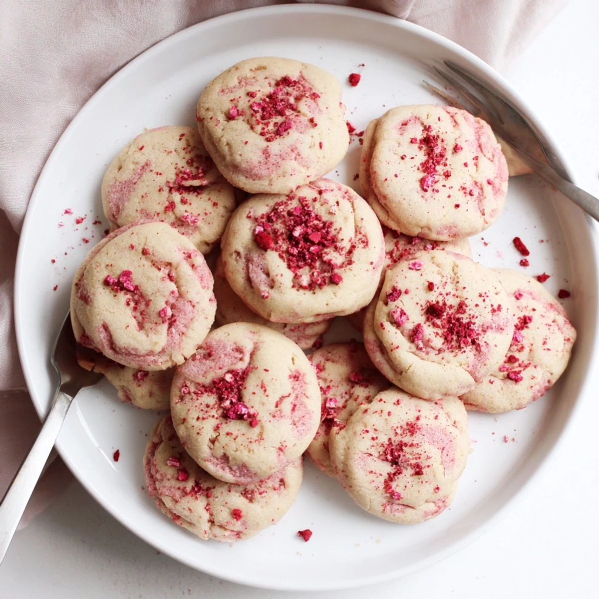 Soft strawberry cheesecake cookies with golden edges on a rustic baking sheet