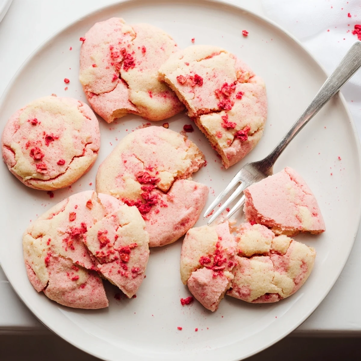 Creamy strawberry cheesecake cookies arranged on a white plate with powdered sugar