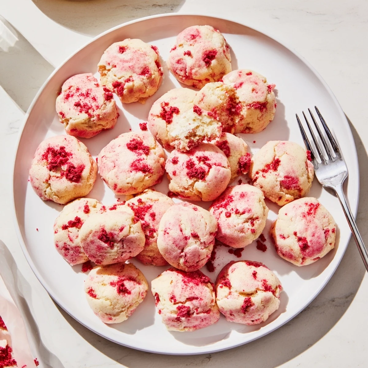 Chewy strawberry cheesecake cookies with a gooey cream cheese center close-up view