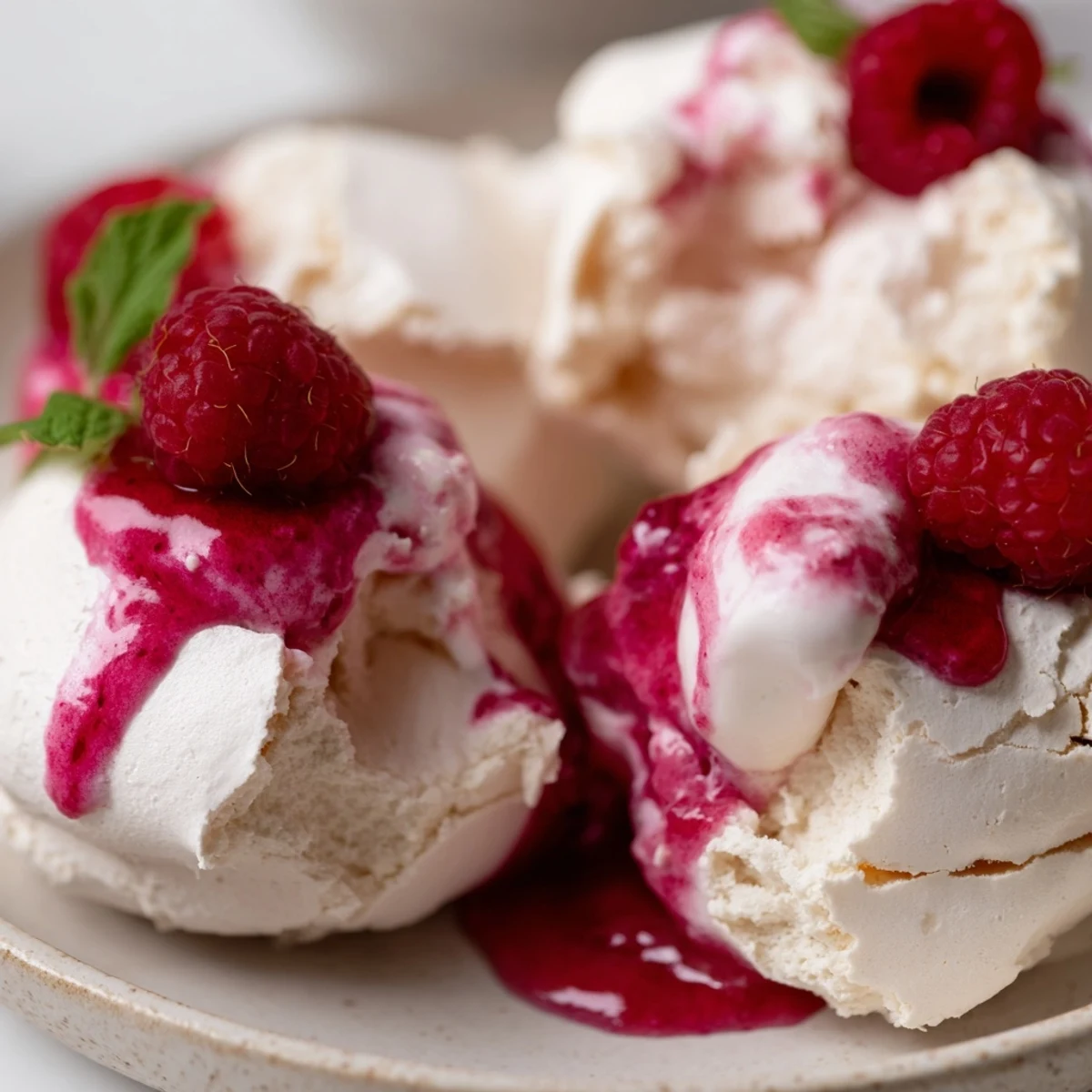 Crispy Pavlova bombs with cream filling drizzled in bright red raspberry coulis