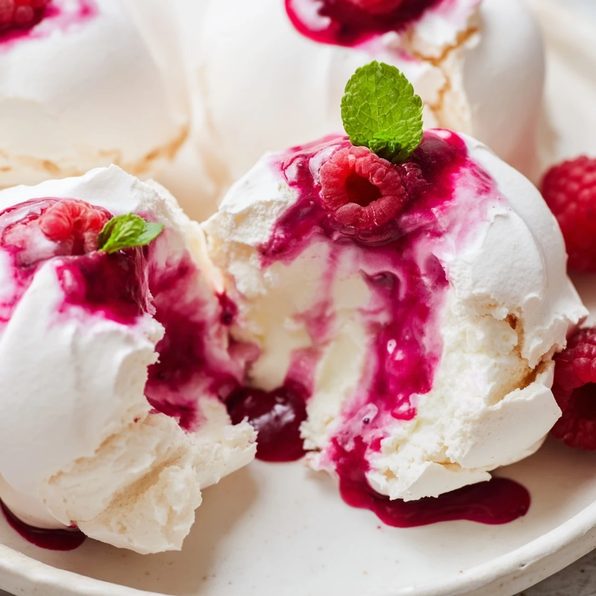 Golden meringue Pavlova bombs topped with fluffy whipped cream and tangy sauce