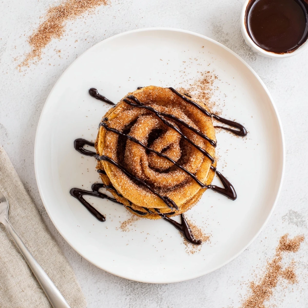 Golden cinnamon sugar dusted Spanish churro pancakes served with rich dark chocolate dipping sauce