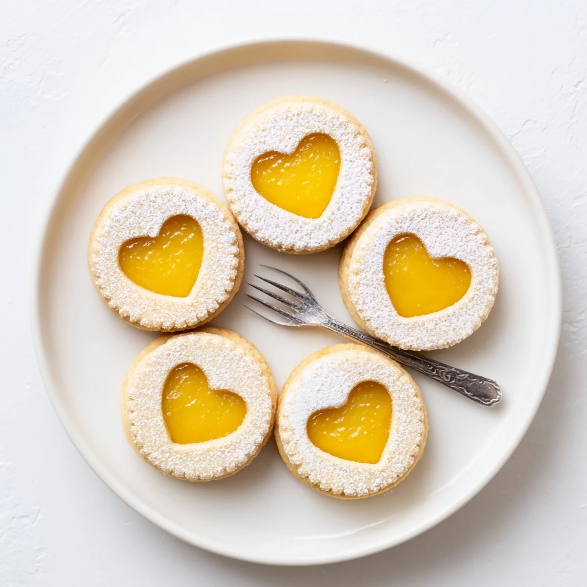 Delicate Meyer Lemon Curd Linzer Cookies with powdered sugar dusting and cutout windows reveal tangy golden filling