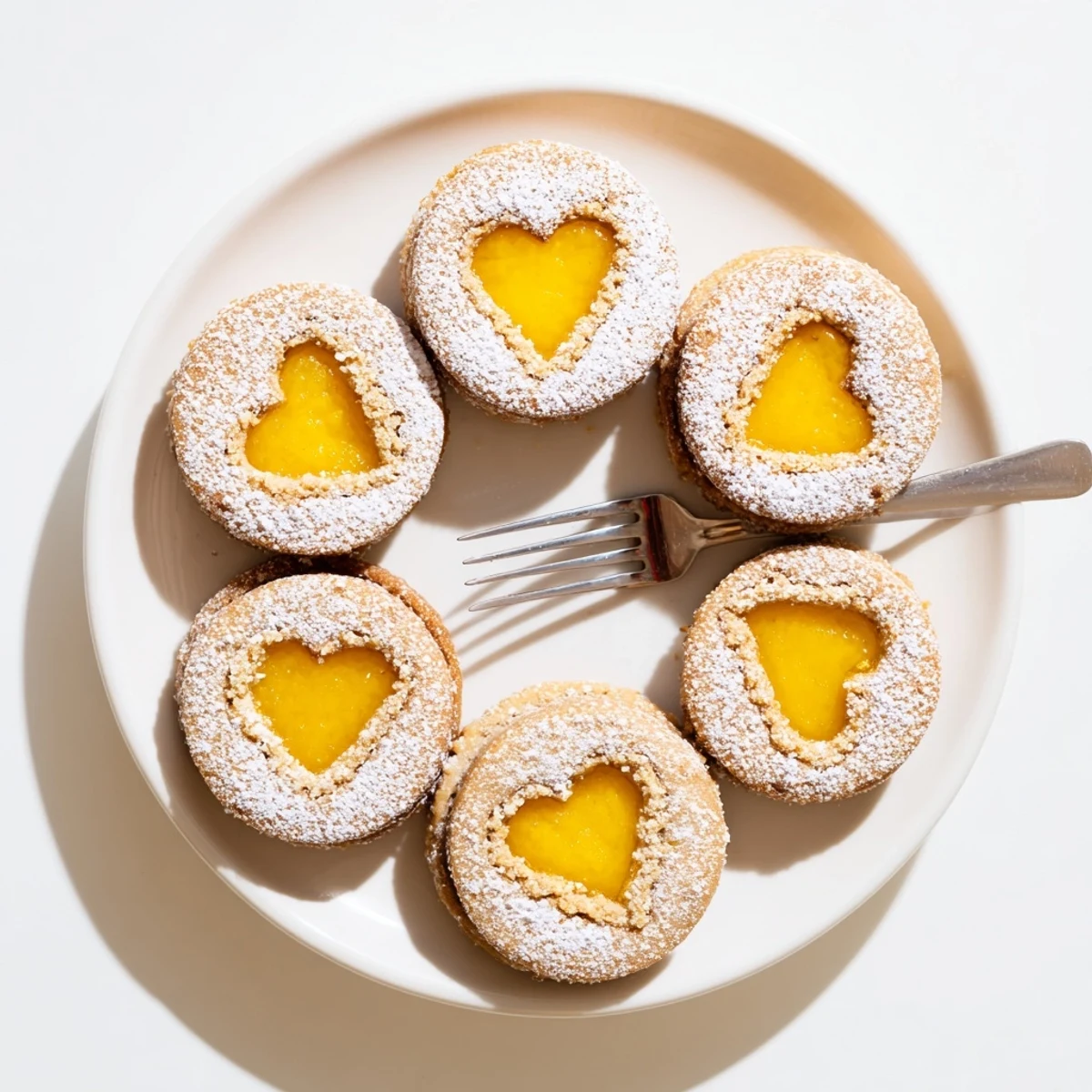 Buttery almond Meyer Lemon Curd Linzer Cookies sandwiched with bright yellow citrus curd on rustic ceramic plate