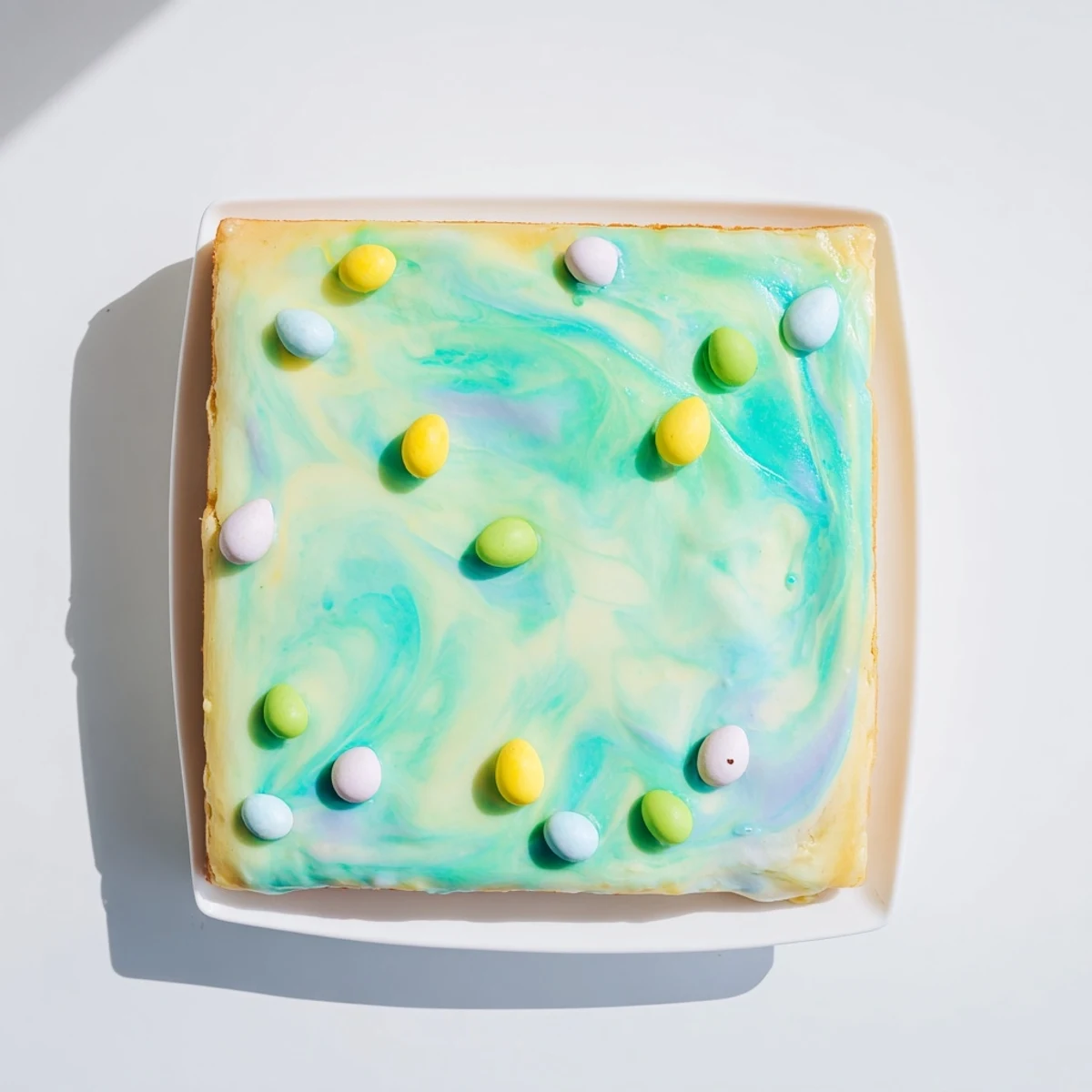 Tender vanilla Robin Egg Snack Cake slice showcasing speckled candy eggs and swirled frosting