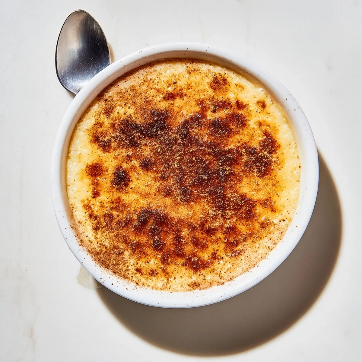 Creamy Portuguese rice custard with golden cinnamon-sugar topping in white ramekins