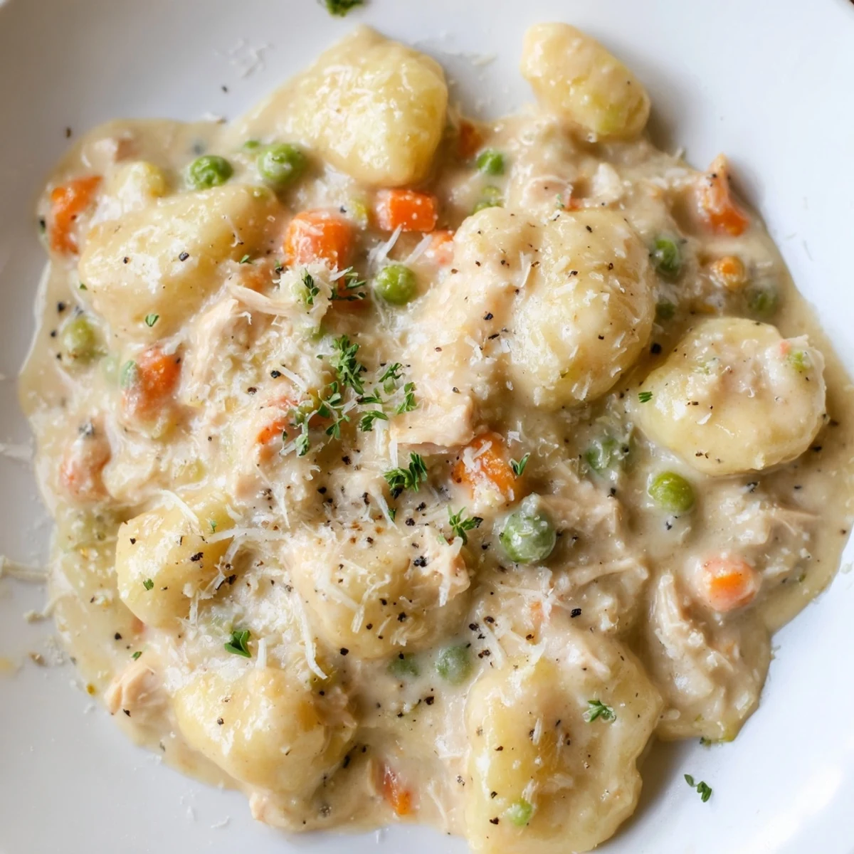 One Pot Gnocchi Chicken Pot Pie in creamy sauce with tender vegetables in rustic skillet