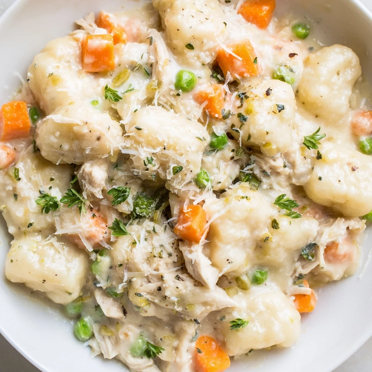 Creamy One Pot Gnocchi Chicken Pot Pie topped with fresh parsley garnish