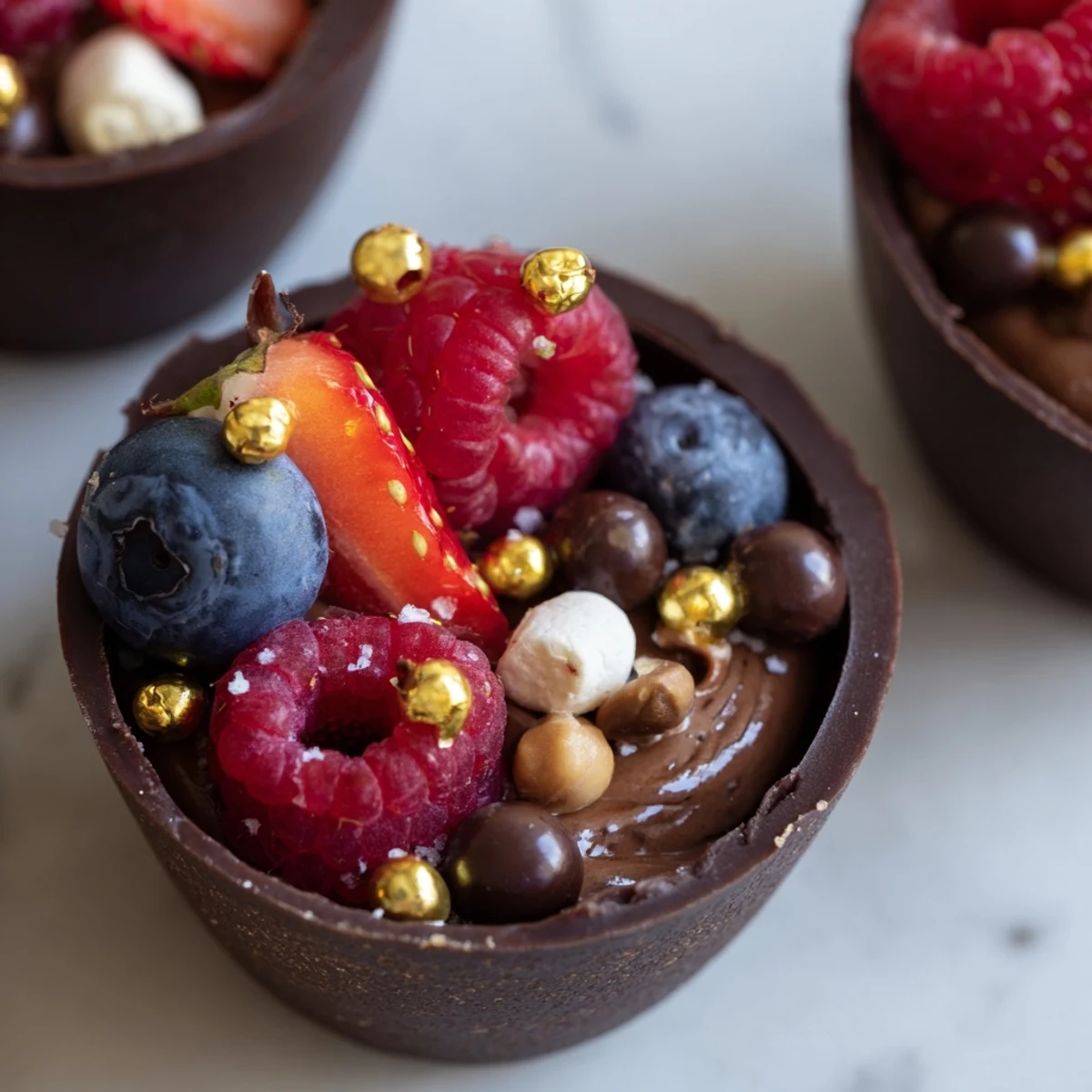 Chocolate grazing cups filled with creamy mousse and topped with fresh berries and nuts