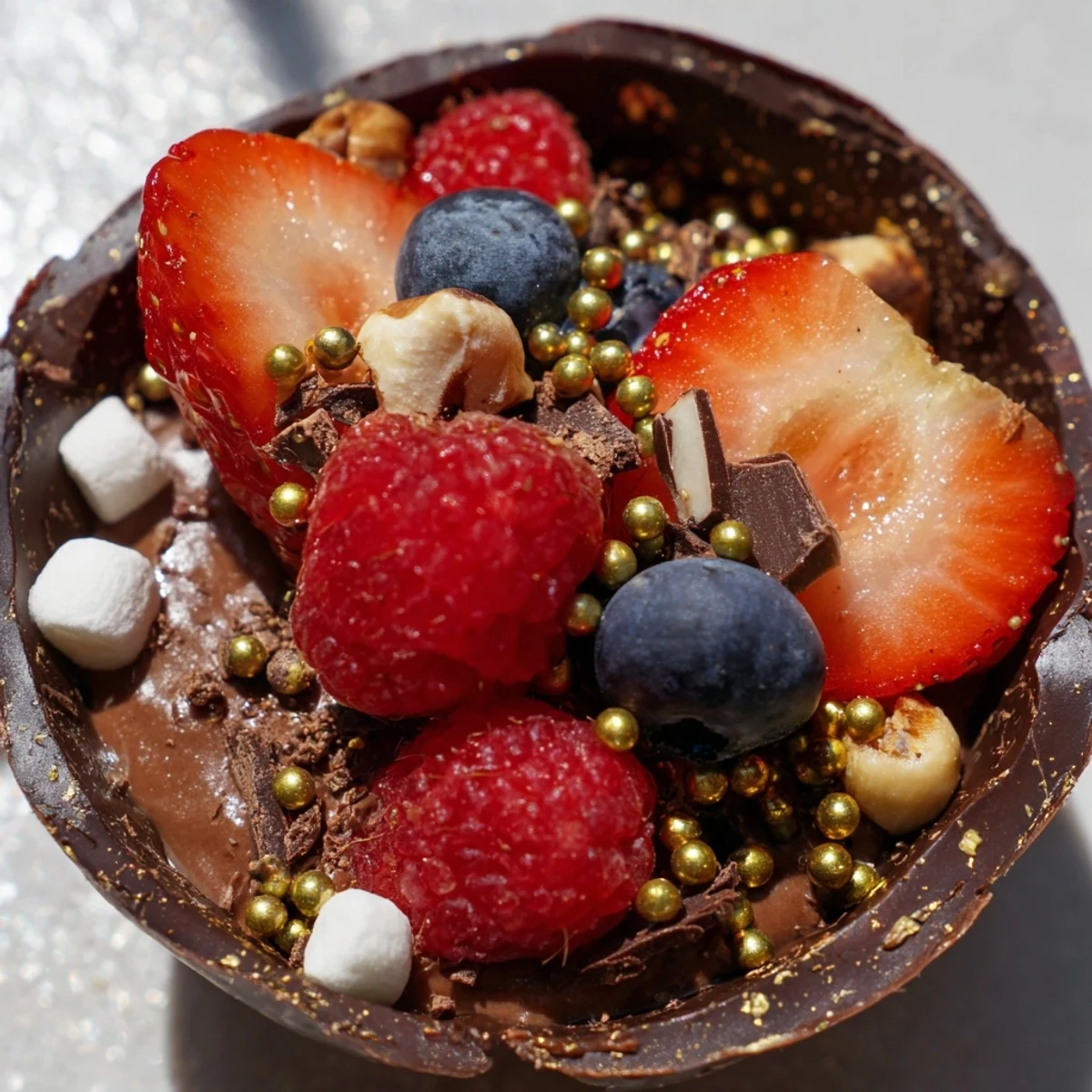 Decadent chocolate grazing cups with silky mousse, jewel-toned berries, and crunchy golden garnishes