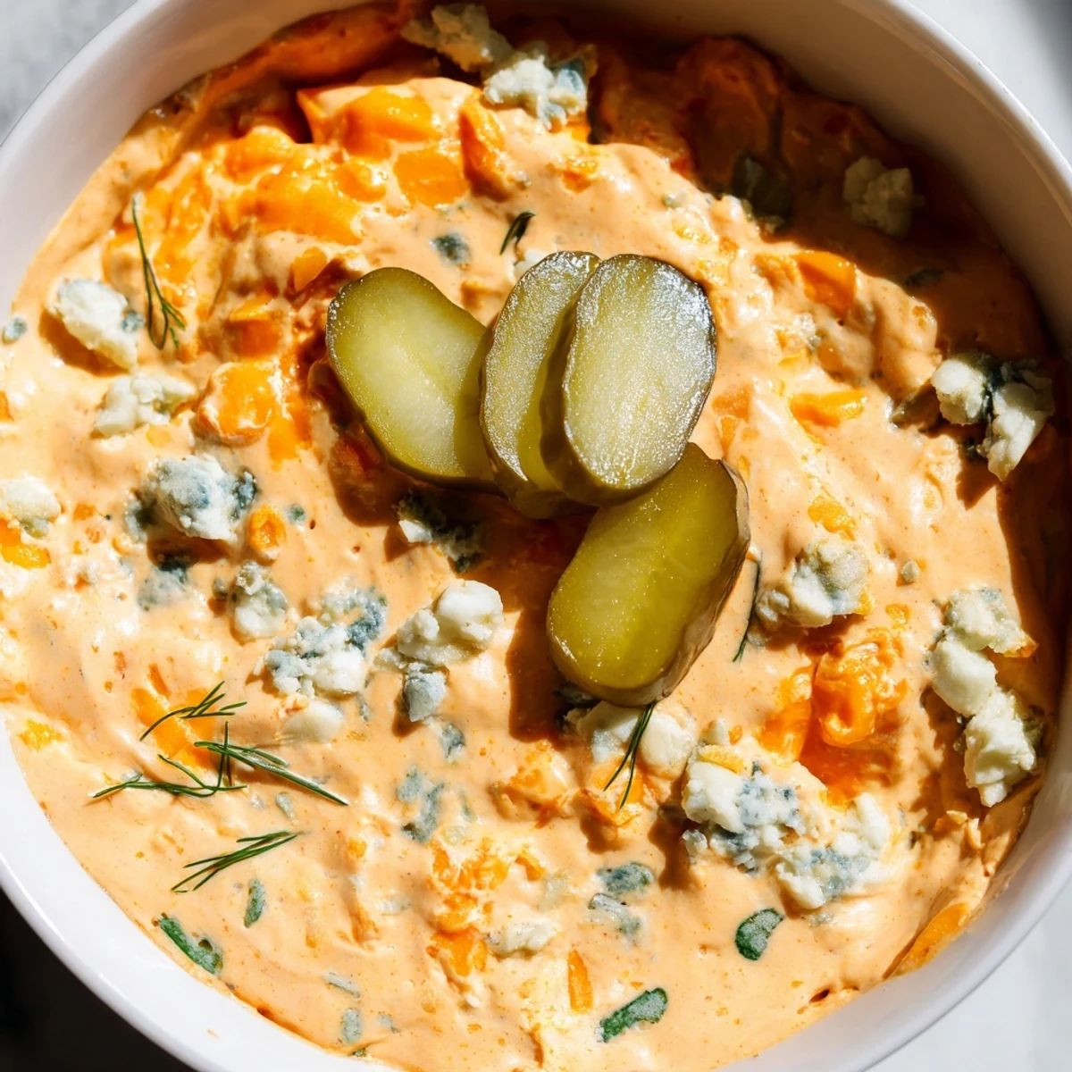 Creamy buffalo pickle dip in a serving bowl surrounded by chips and fresh vegetables