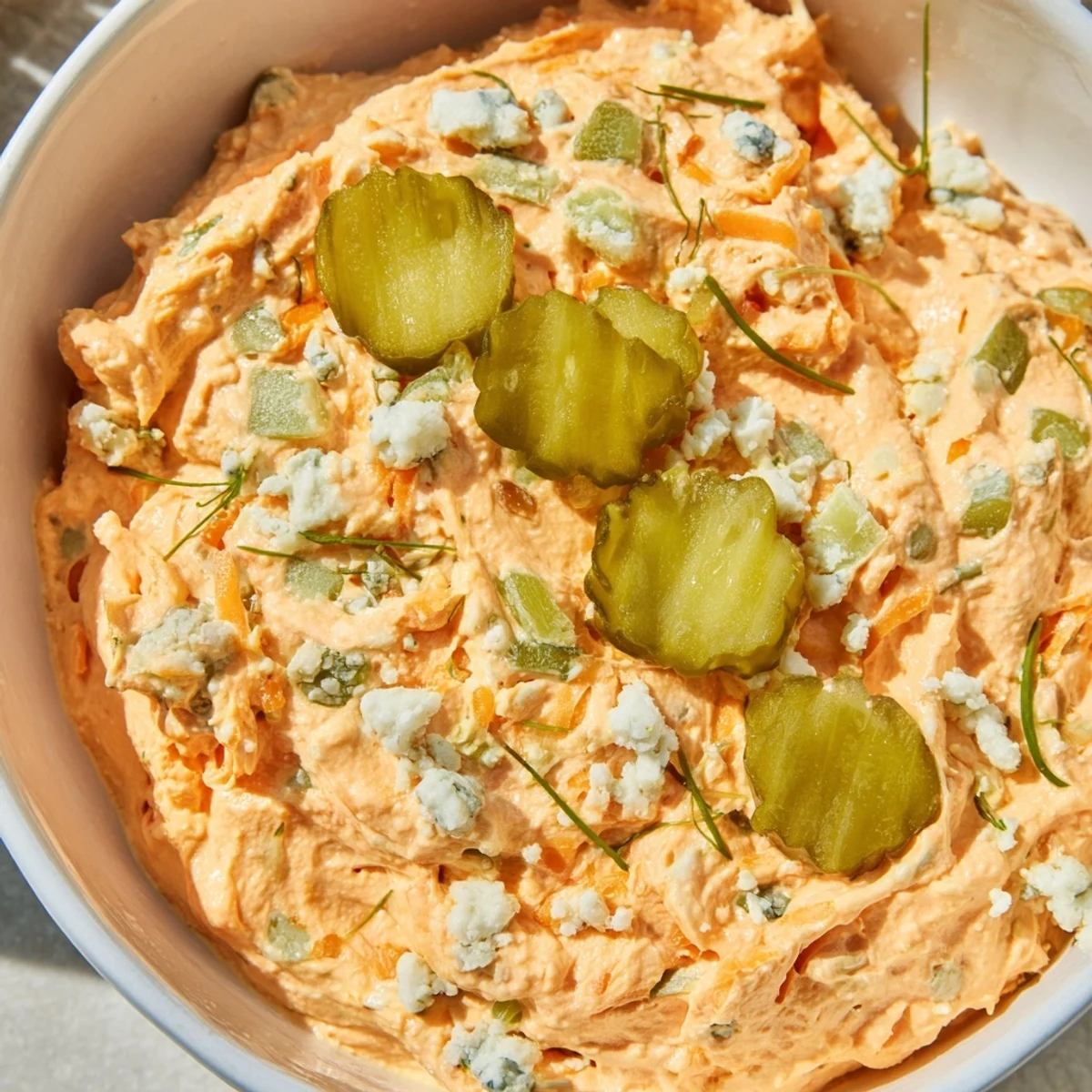 Tangy buffalo pickle dip topped with cheddar cheese and fresh chives for garnish