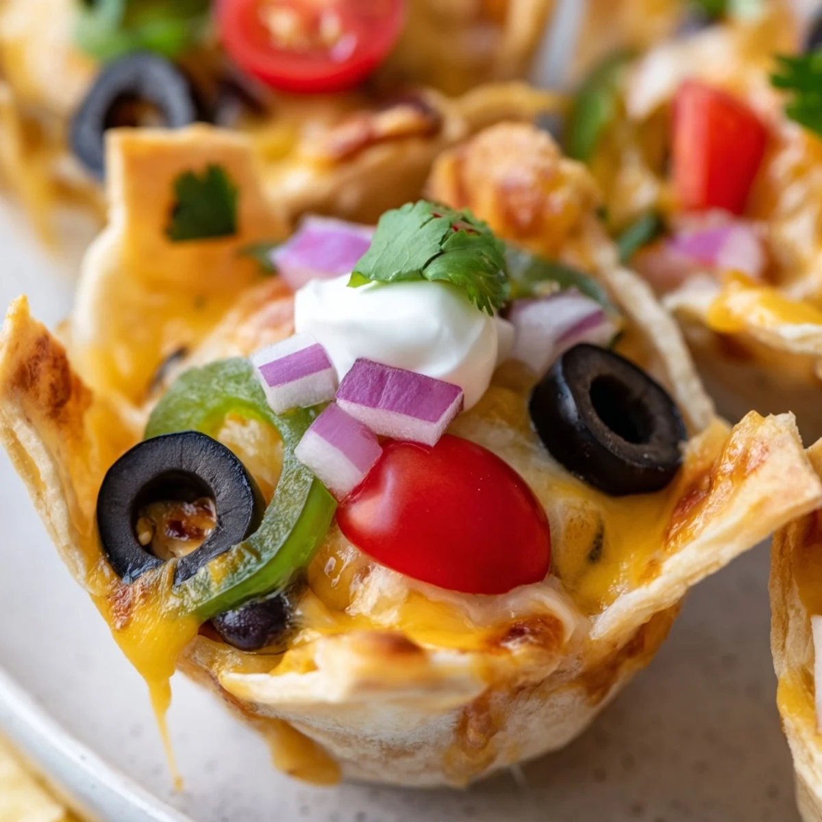 Golden cheesy nacho cups bubbling with melted cheddar and colorful fresh toppings arranged in muffin tin