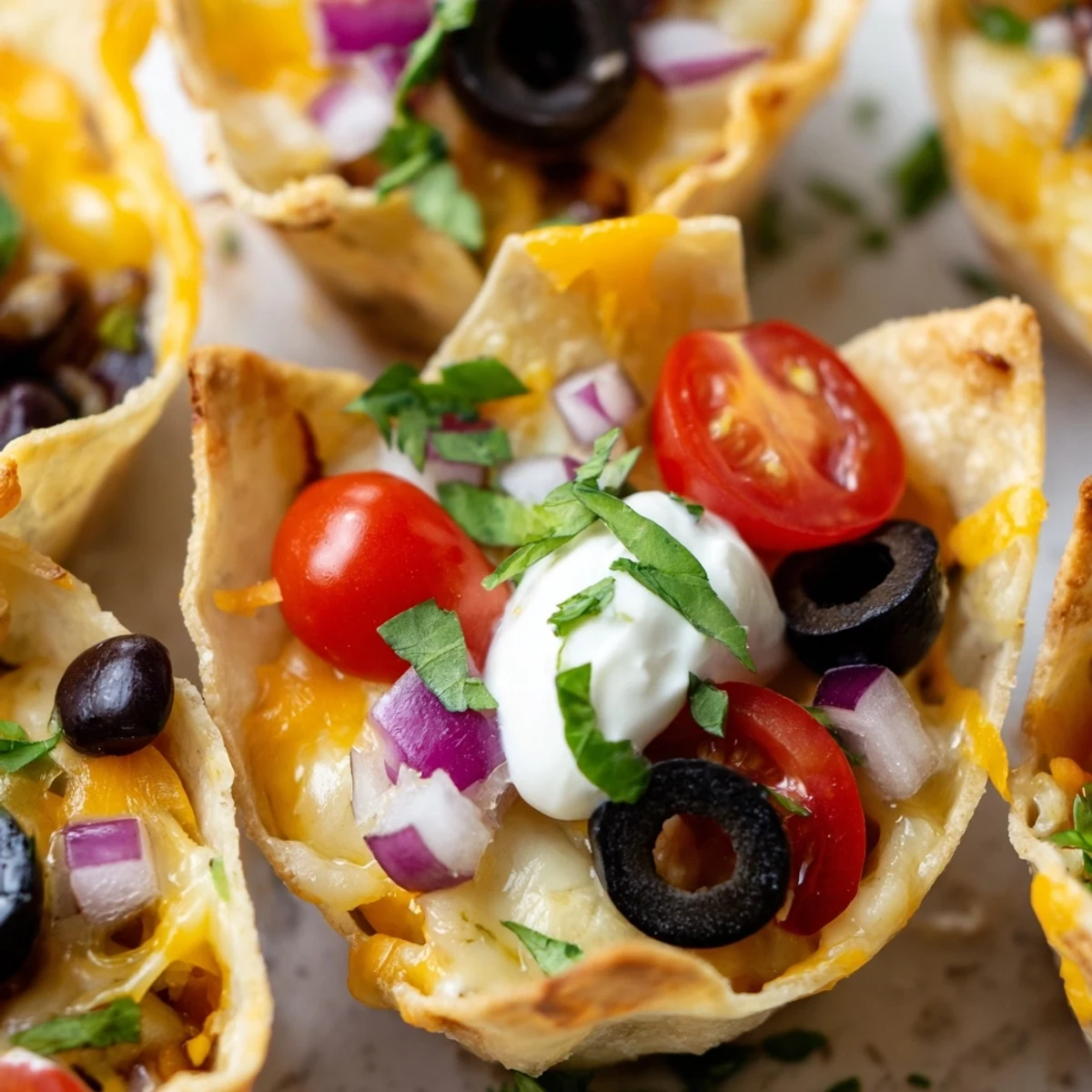 Crispy tortilla cups overflowing with gooey melted cheese black beans and zesty jalapeño slices