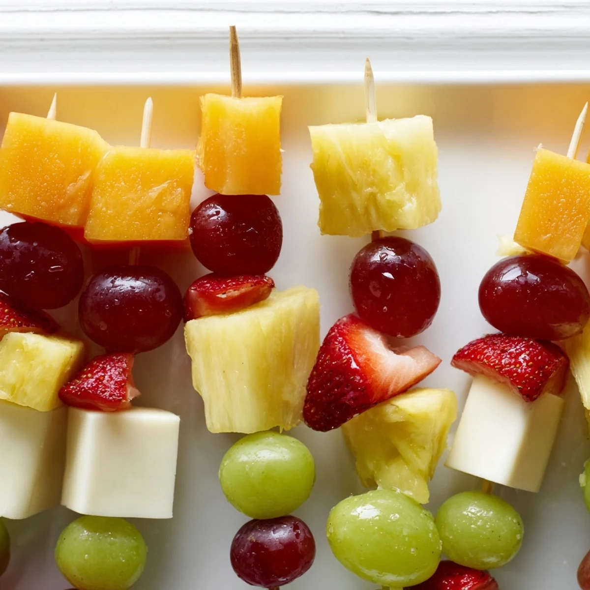 Colorful fruit and cheese kabobs arranged on a platter with grapes strawberries pineapple and cubed cheddar