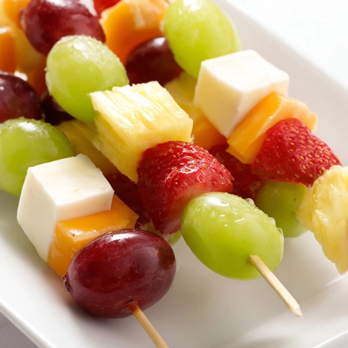 Fresh fruit and cheese kabobs featuring red and green grapes alongside creamy Monterey Jack squares