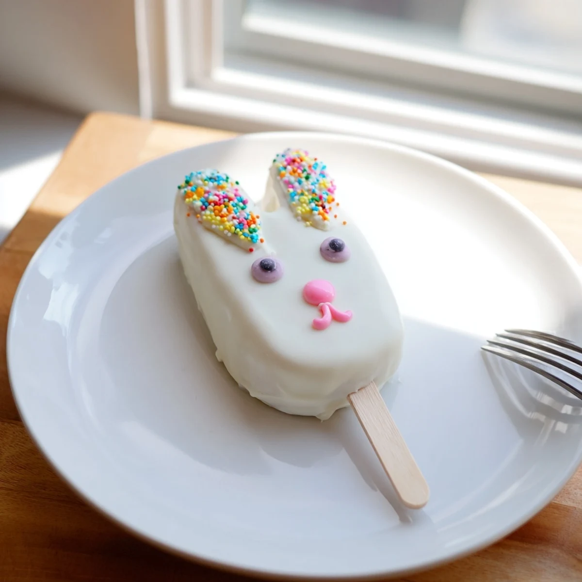 Adorable white chocolate bunny cakesicles with candy eyes and pink fondant ears on wooden stick
