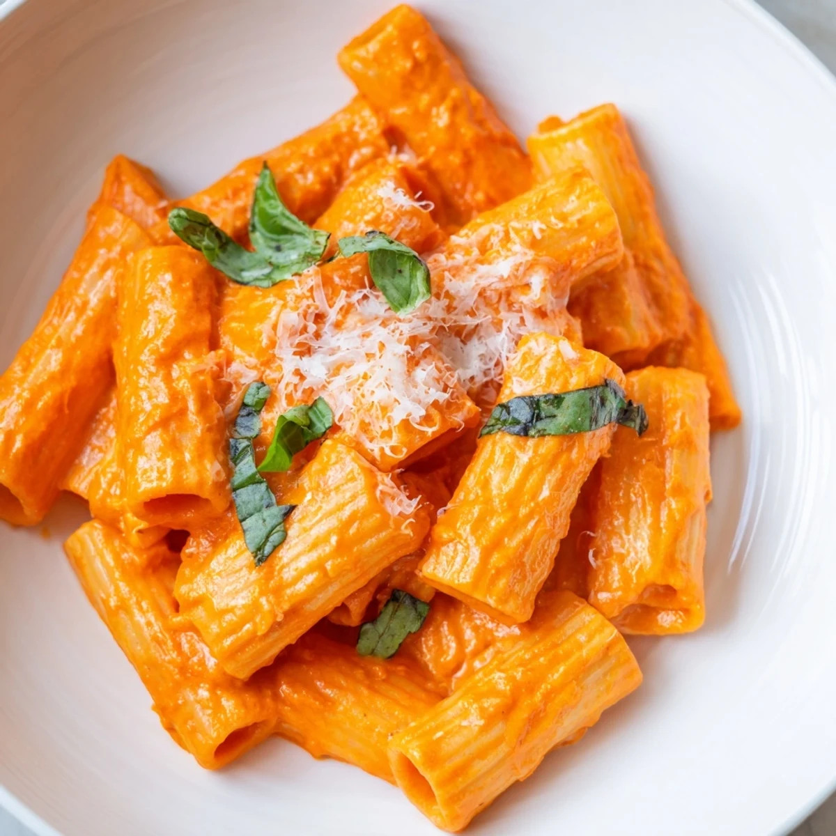 Creamy roasted red pepper pasta in a vibrant orange sauce topped with fresh basil