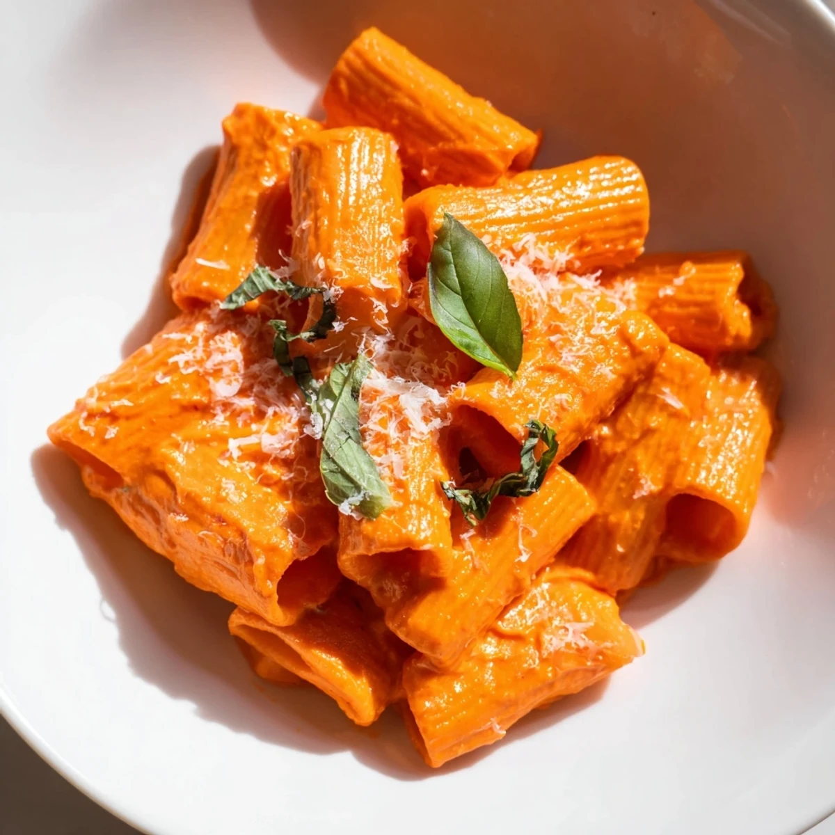 Penne coated in silky roasted red pepper pasta sauce with grated Parmesan cheese