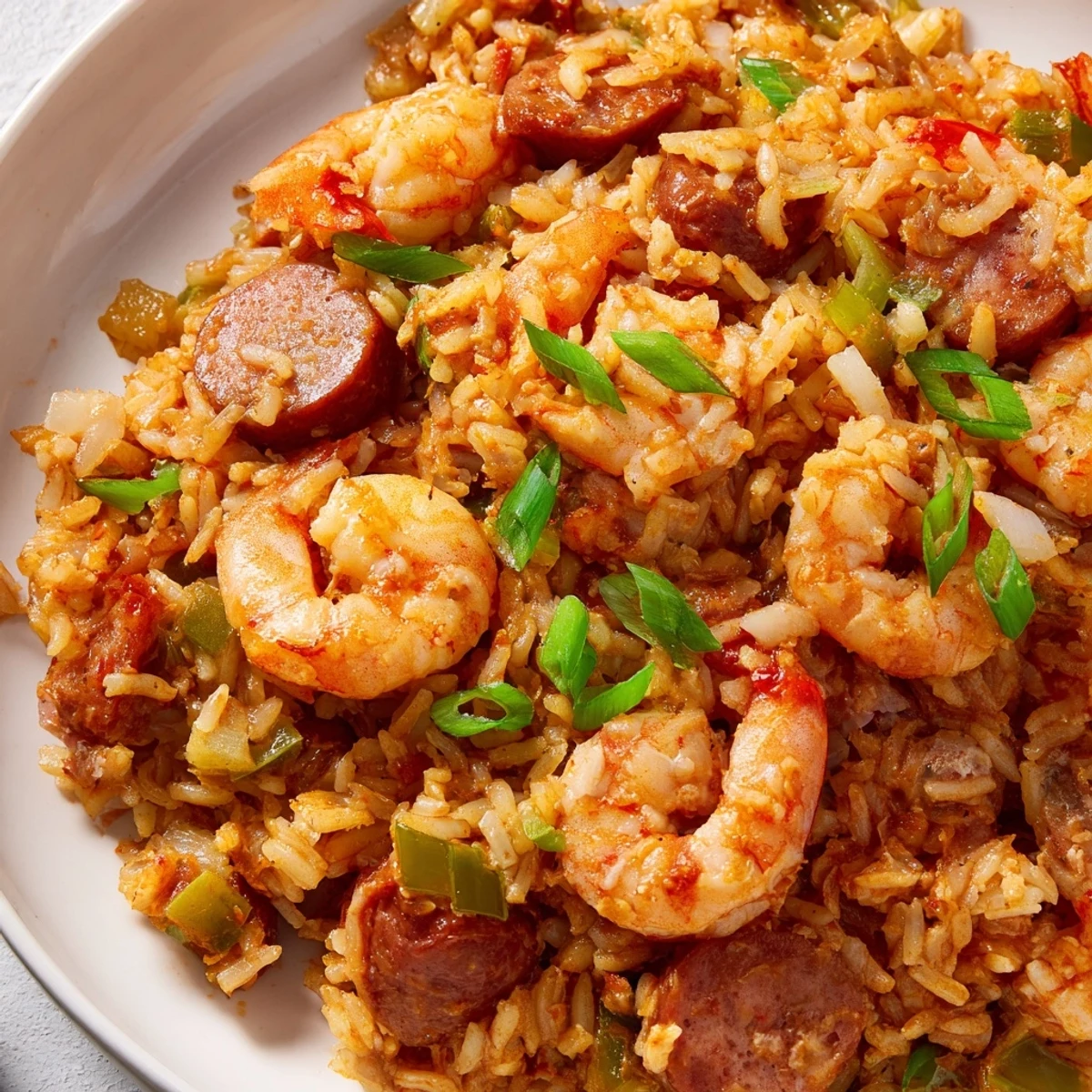 Golden shrimp and sausage dirty rice topped with fresh green onions and parsley garnish