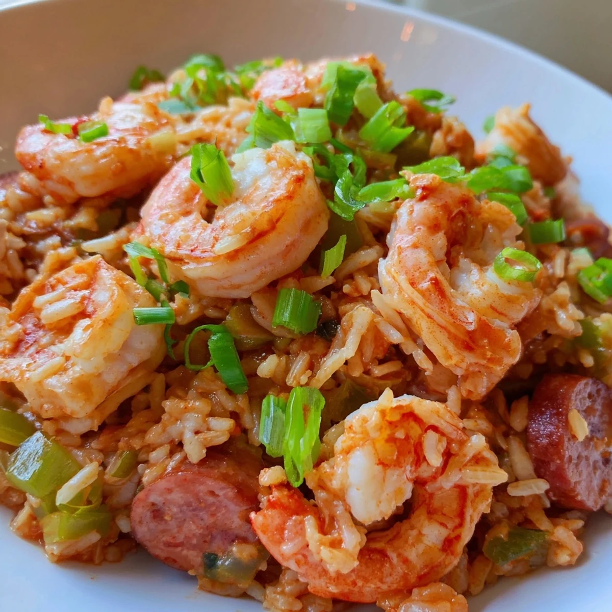 Steaming skillet of Creole shrimp and sausage dirty rice with tender vegetables and spices