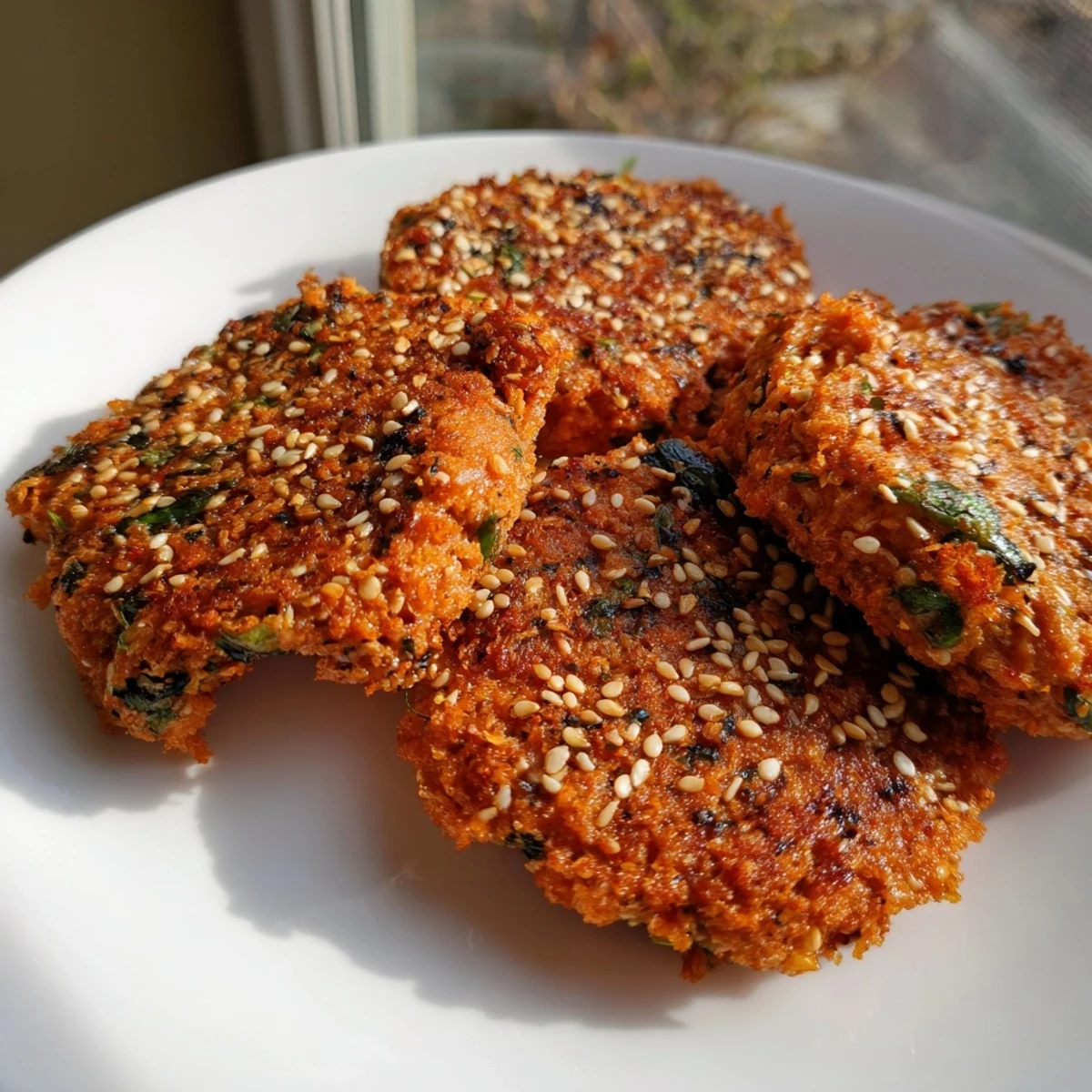 Golden crispy Harissa Sesame Salmon Patties sizzling in a skillet with toasted sesame seeds