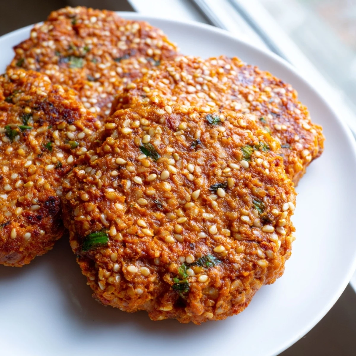 Spicy Harissa Sesame Salmon Patties served hot with fresh cilantro and lemon wedges