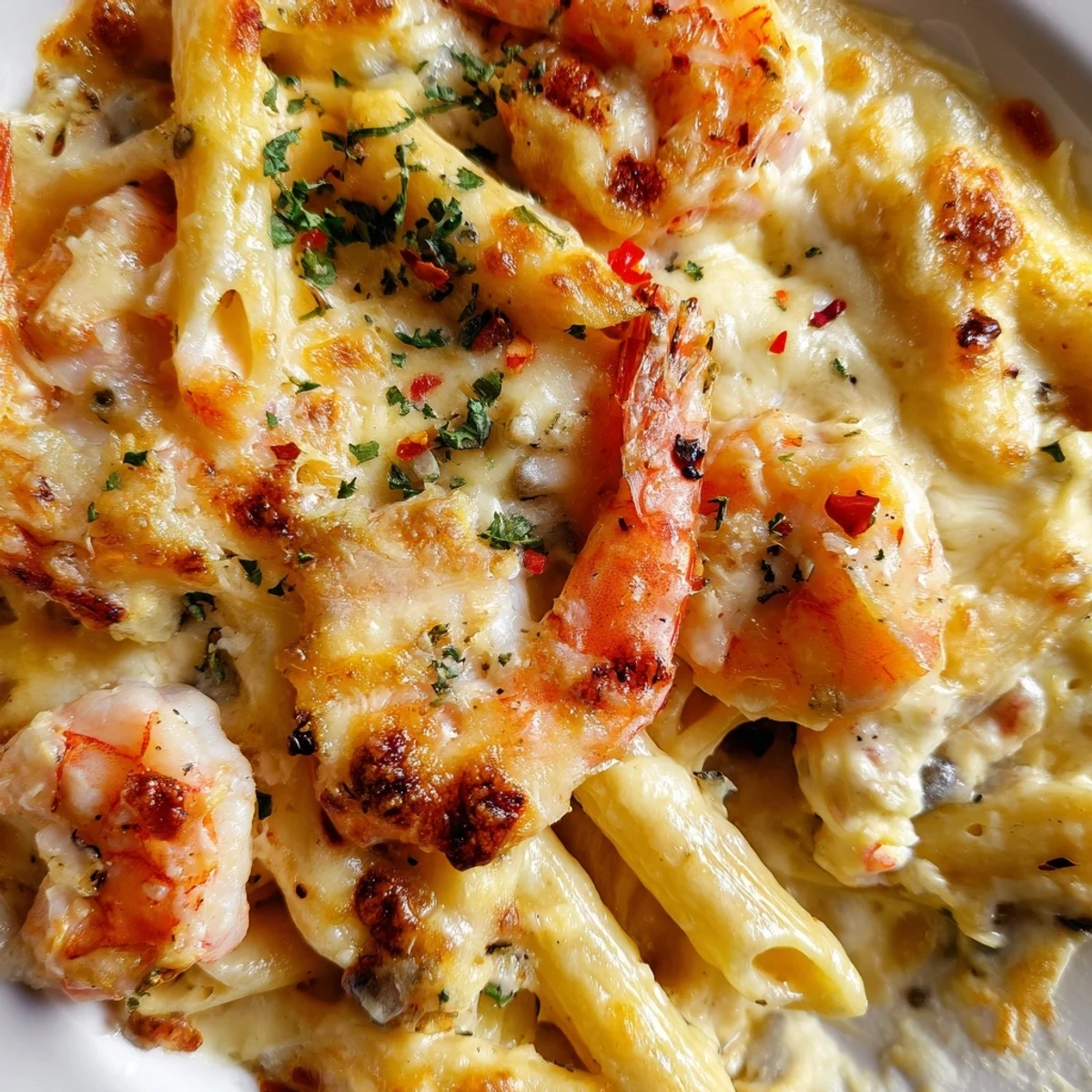 Golden baked Shrimp Scampi Pasta Bake with bubbling mozzarella and melted parmesan cheese topping