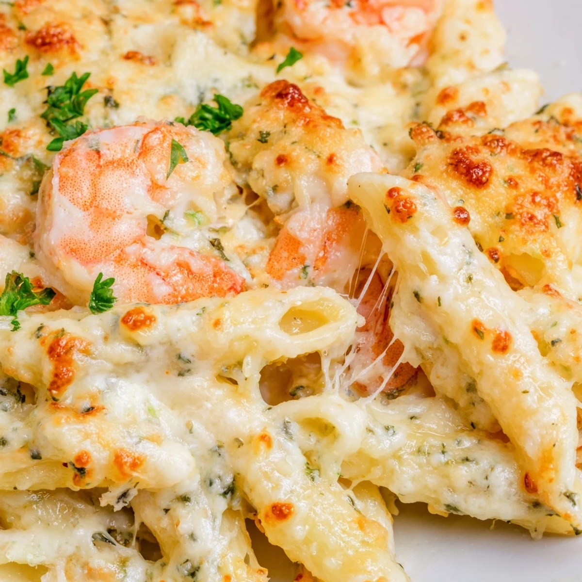 Creamy Shrimp Scampi Pasta Bake topped with succulent pink shrimp and fresh parsley garnish