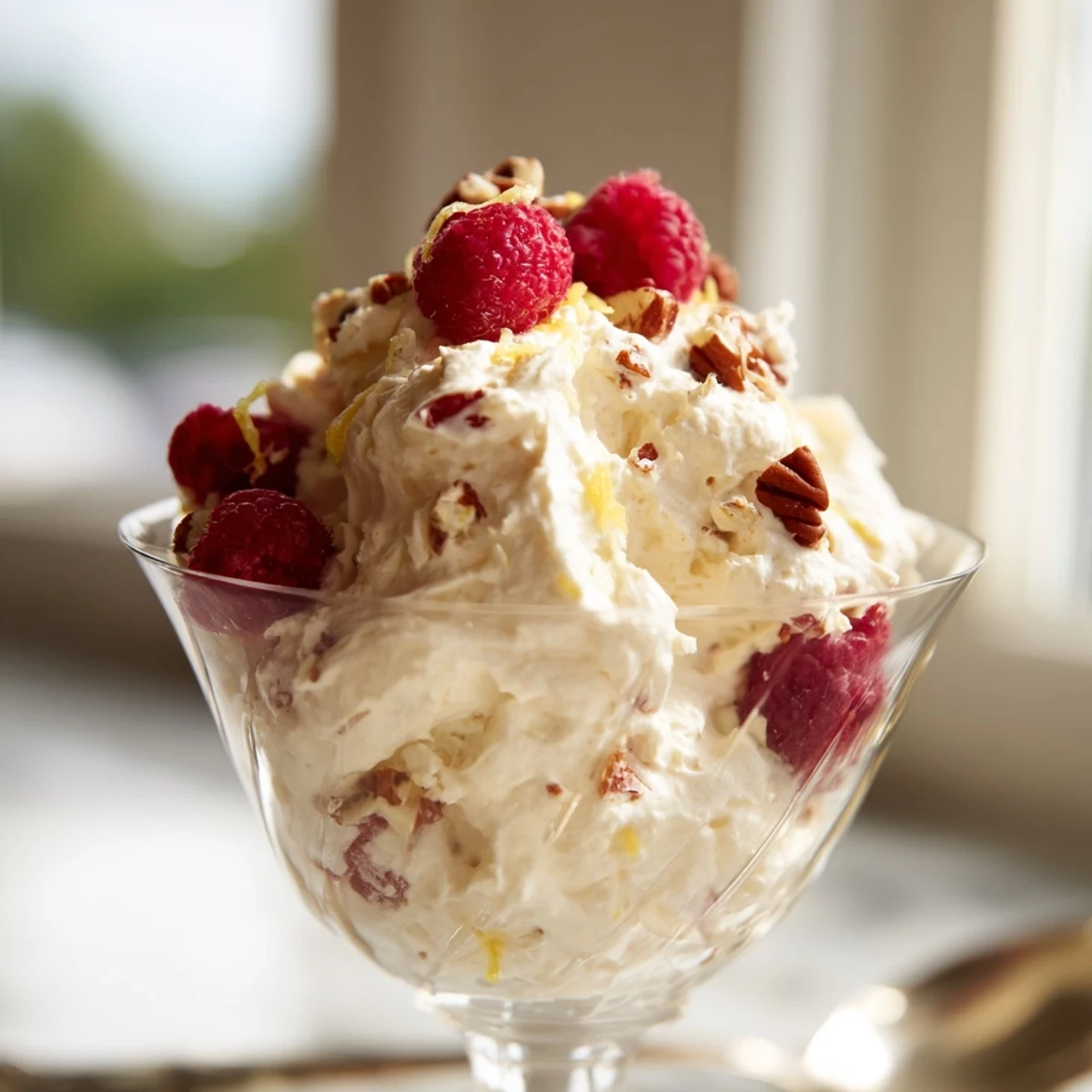 Creamy keto cheesecake fluff topped with fresh red berries in a glass bowl