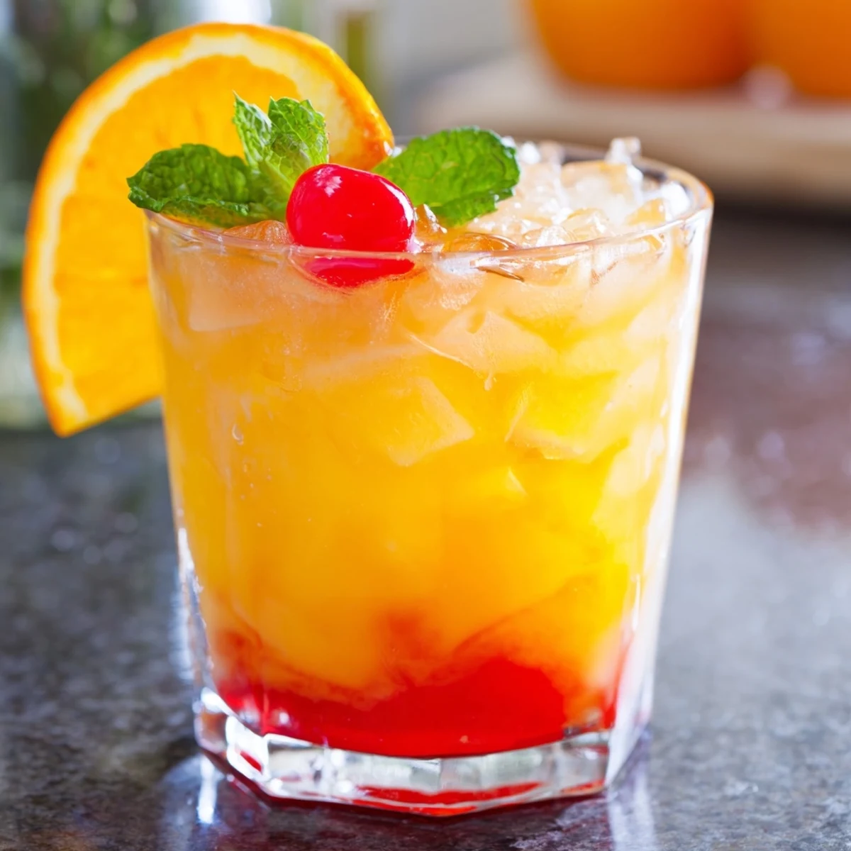 Golden non alcoholic mai tai in a rocks glass topped with fresh orange and cherry garnish