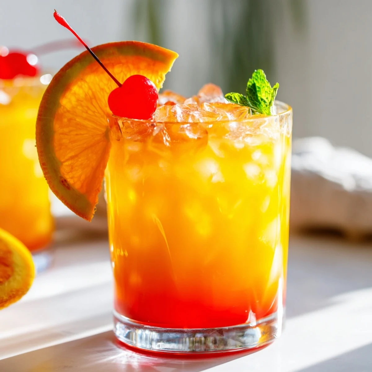 Tropical non alcoholic mai tai with grenadine layers over crushed ice in vintage tiki glassware