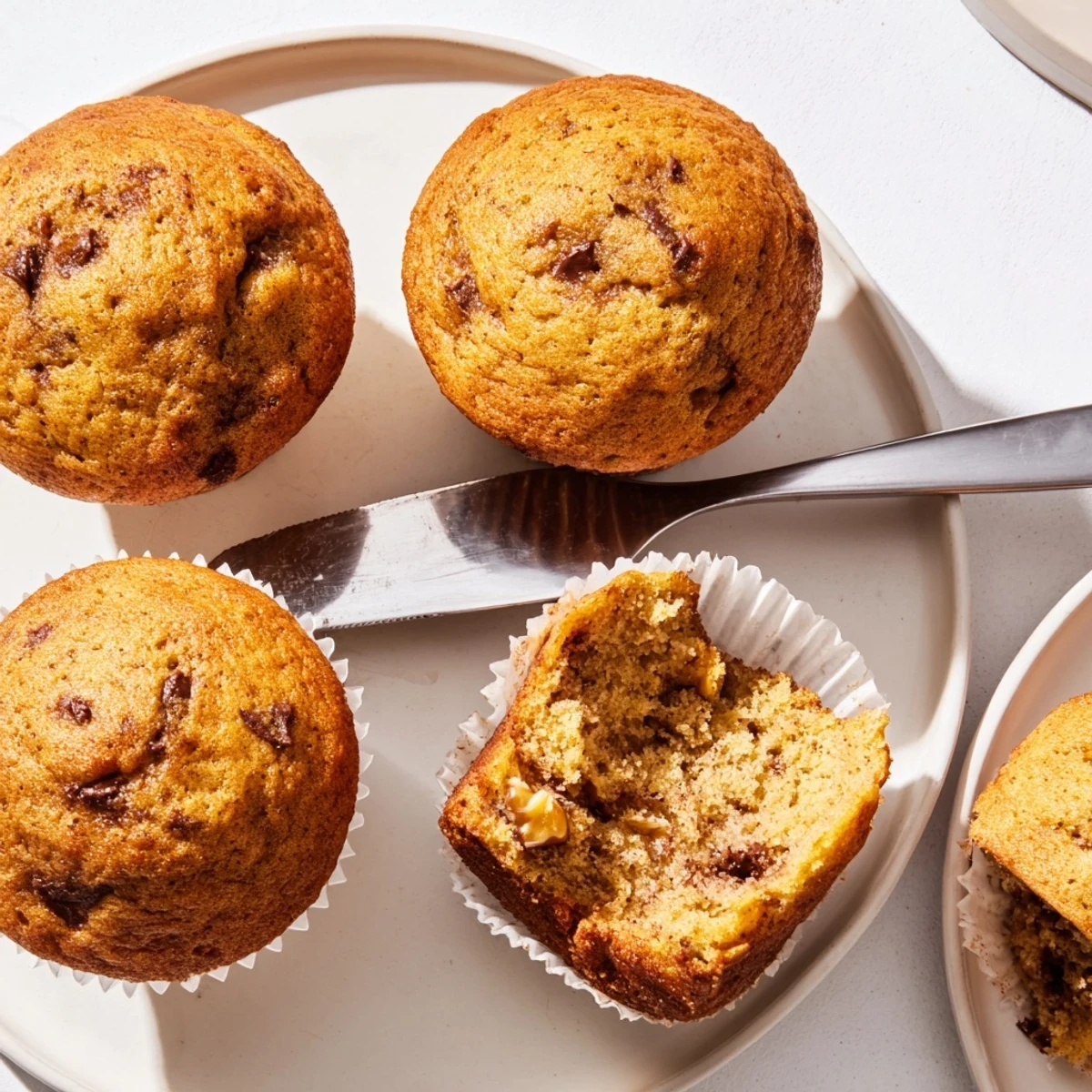 Soft banana muffins arranged on a rustic plate dusted with powdered sugar for breakfast