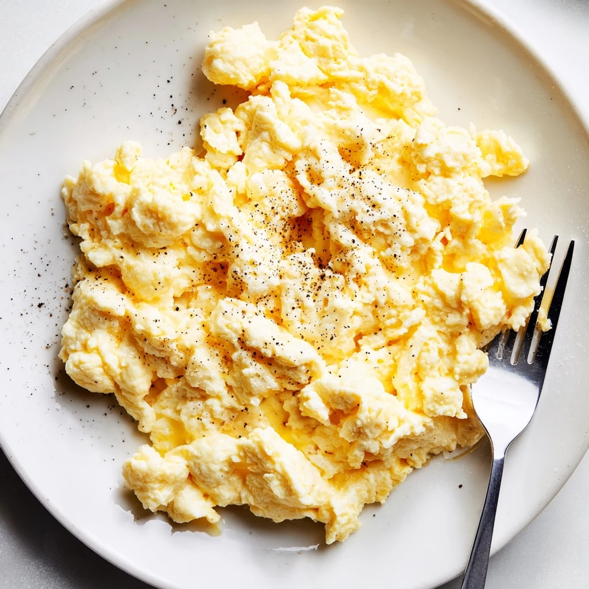 Creamy scrambled eggs piled on a plate with golden buttery curds steaming softly