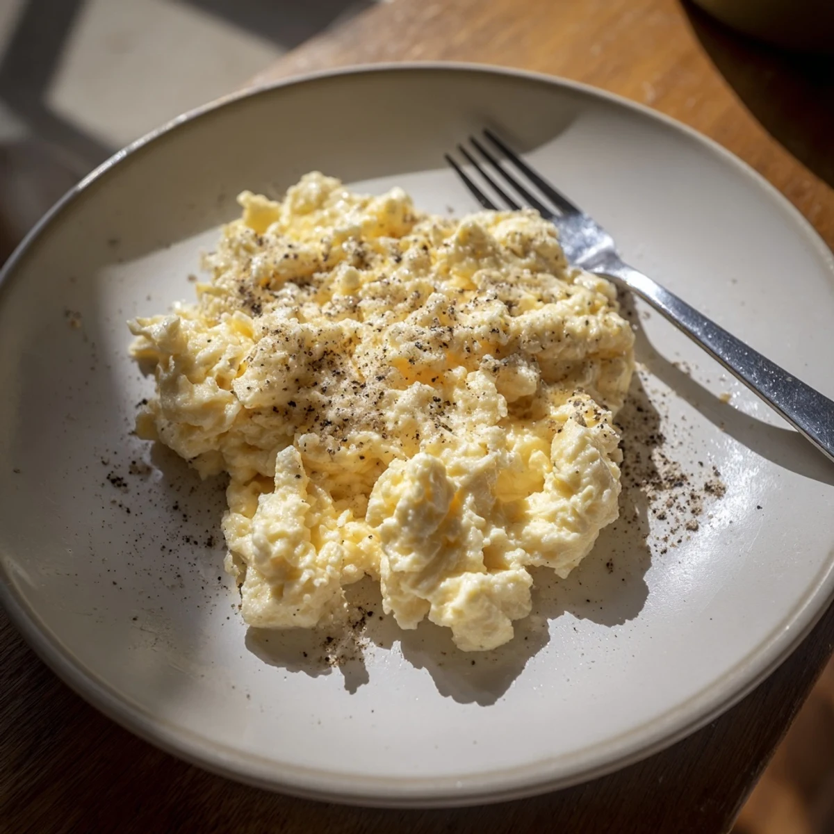 Fluffy scrambled eggs served alongside toasted bread with a sprinkle of black pepper