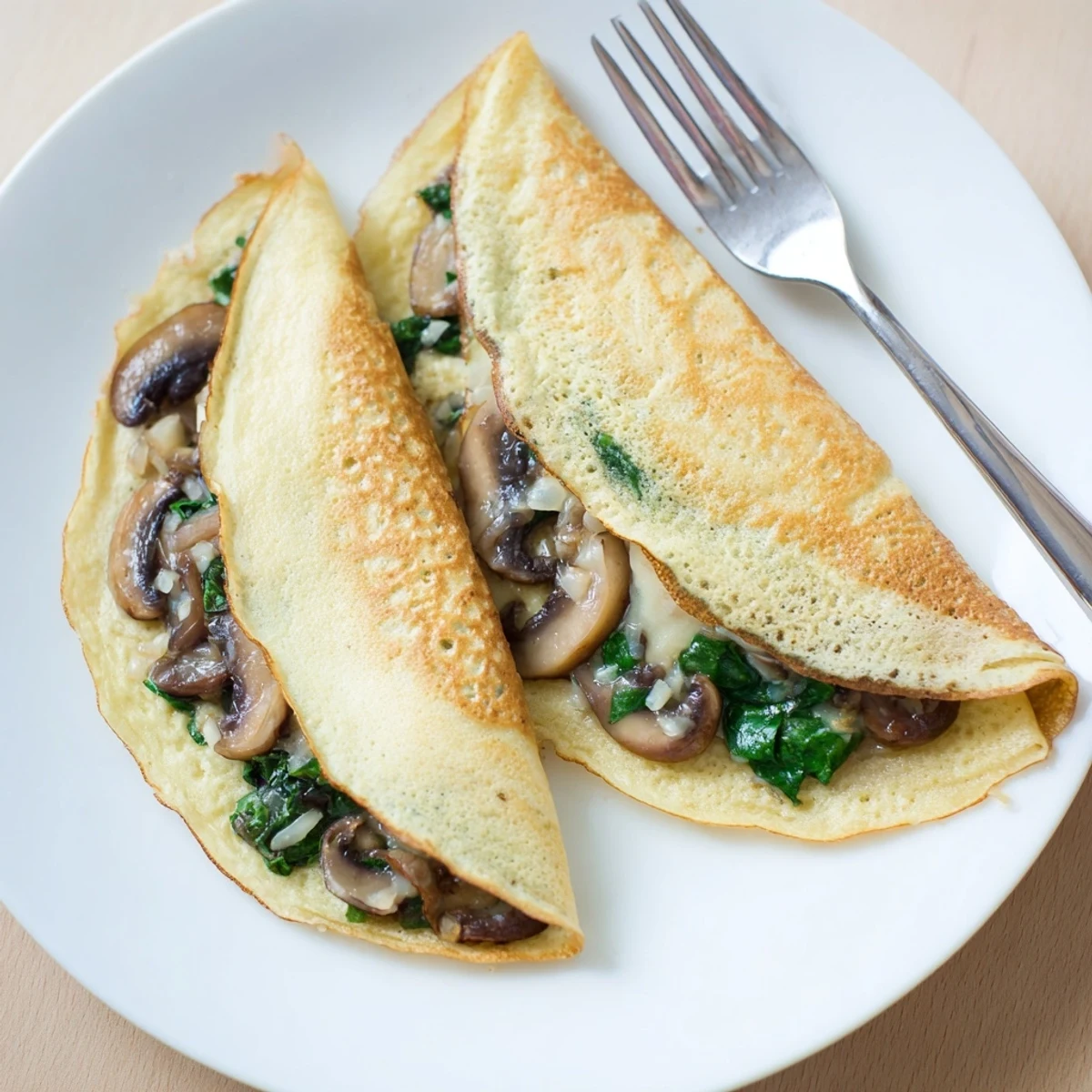 Golden savory crepes filled with sautéed spinach and mushrooms on a white plate