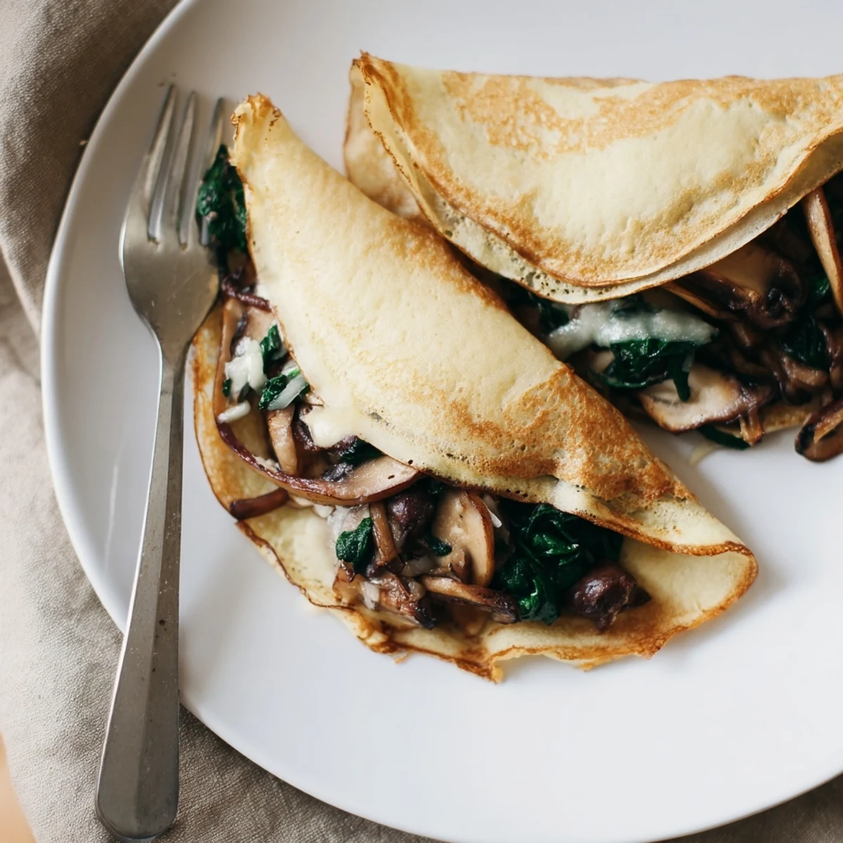 Thin French savory crepes rolled with melted Gruyère cheese and wilted spinach