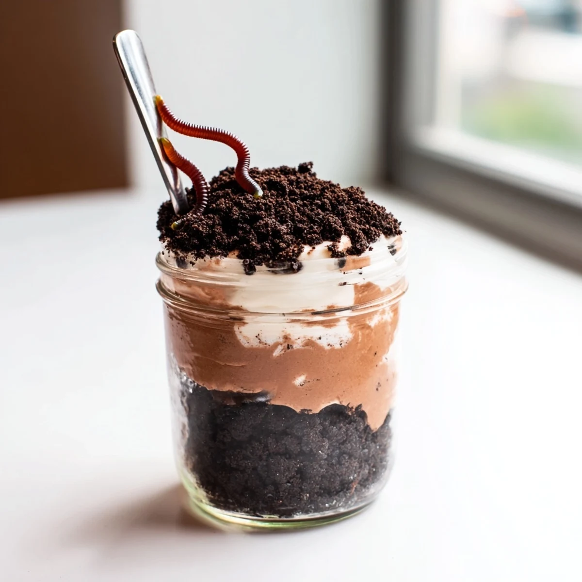 Creamy dirt pudding layered with crushed cookies and gummy worms in individual cups