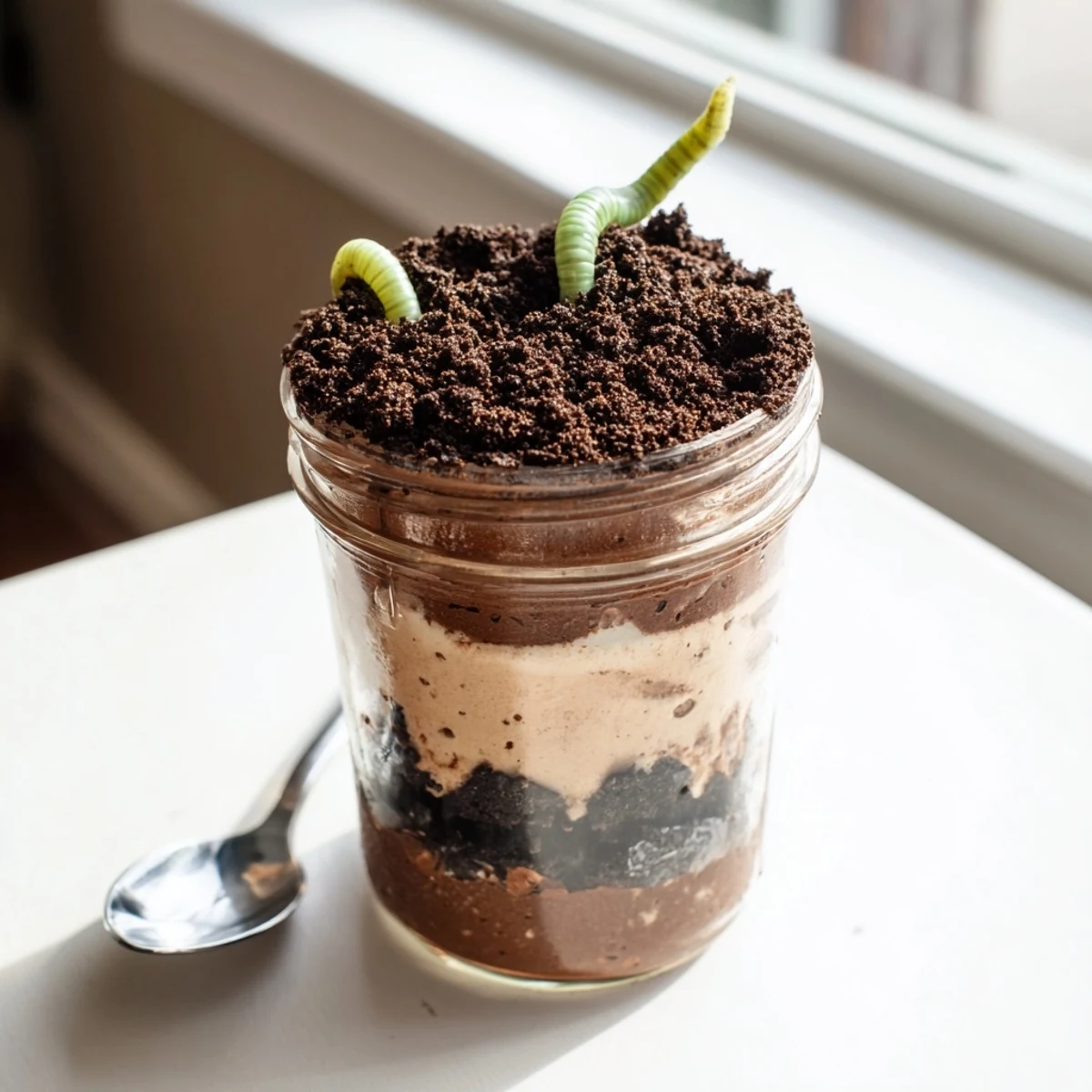 Chocolate dirt pudding parfaits topped with Oreo crumbs and playful gummy worms