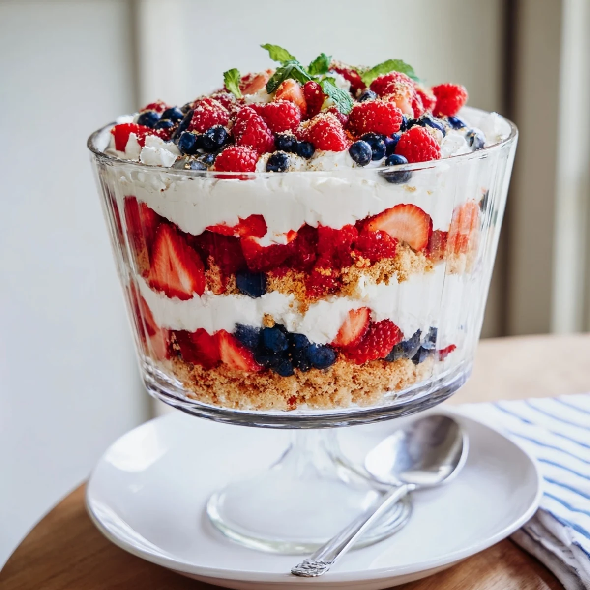 Creamy Red White Blue Mixed Berry Yum Yum layered with fresh strawberries and blueberries in a trifle bowl
