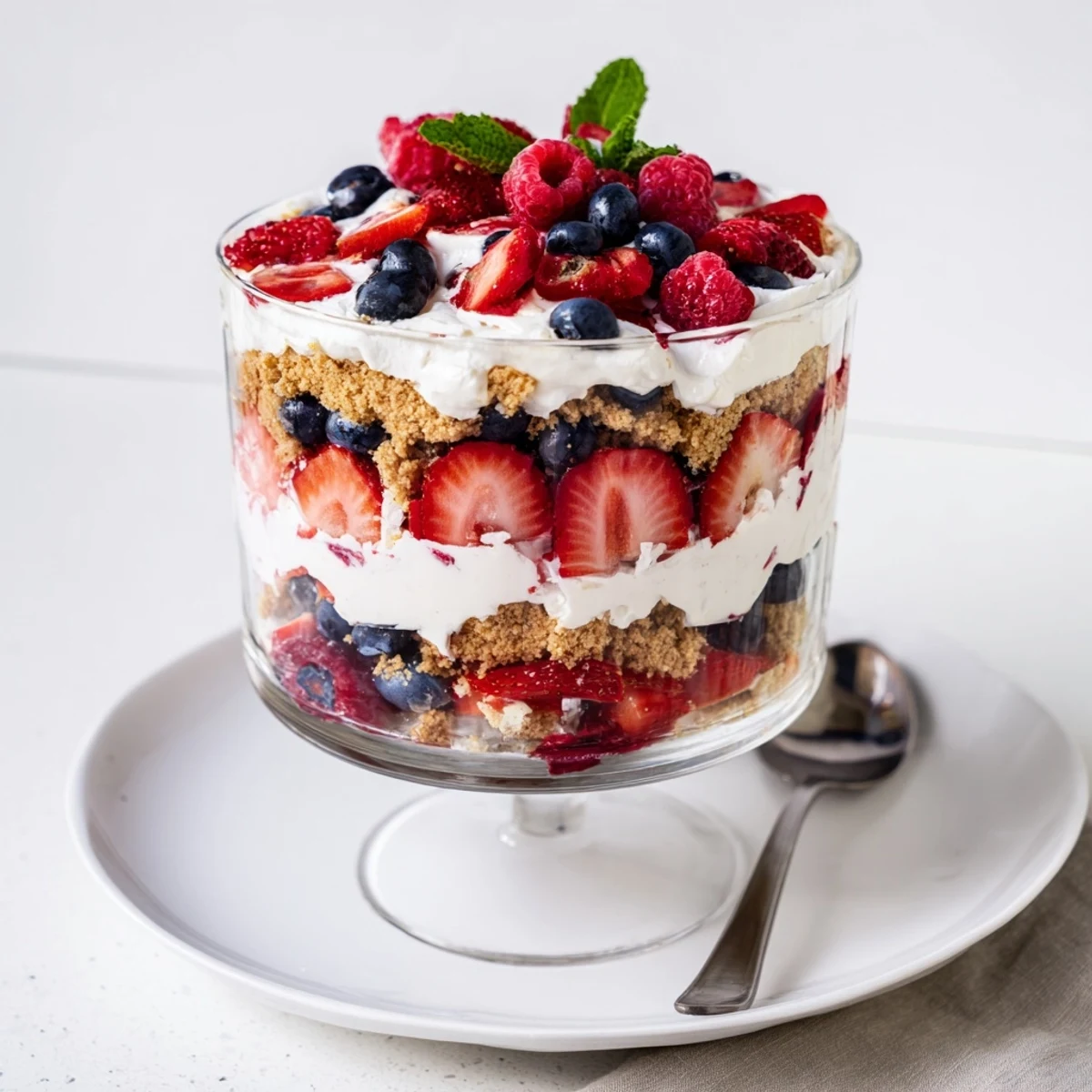 Vibrant Red White Blue Mixed Berry Yum Yum dessert showcasing whipped filling and juicy summer berries