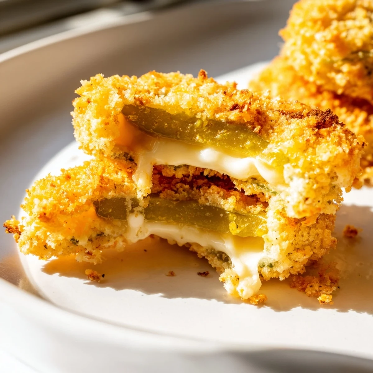 A plate of crispy pickle cheese bites with golden panko crust and dipping sauce