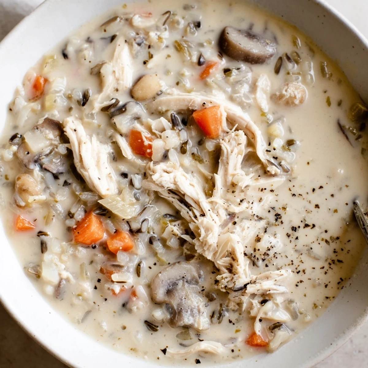 Steaming bowl of creamy slow cooker chicken mushroom wild rice soup with shredded chicken