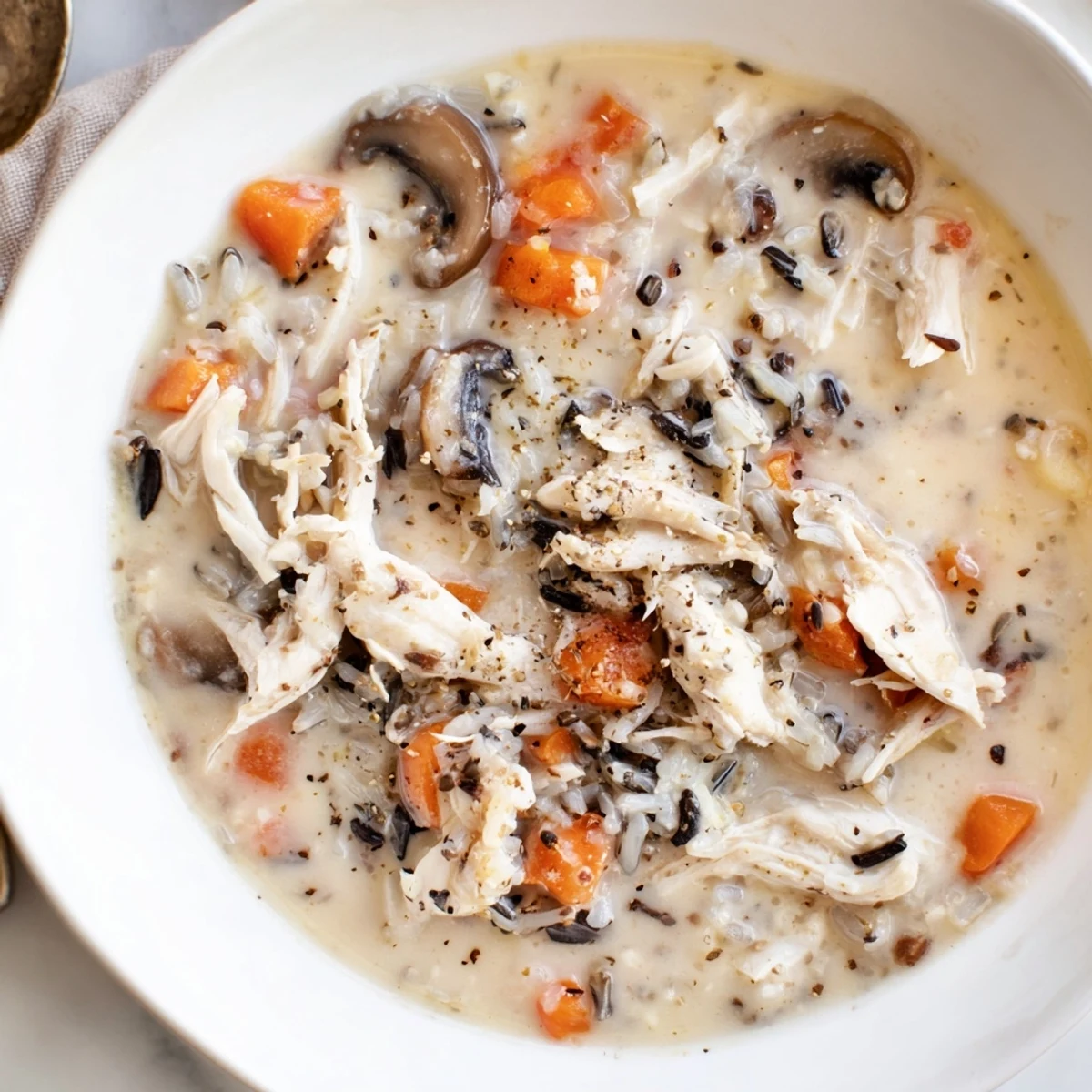 Golden creamy slow cooker chicken mushroom wild rice soup ladled into a rustic bowl