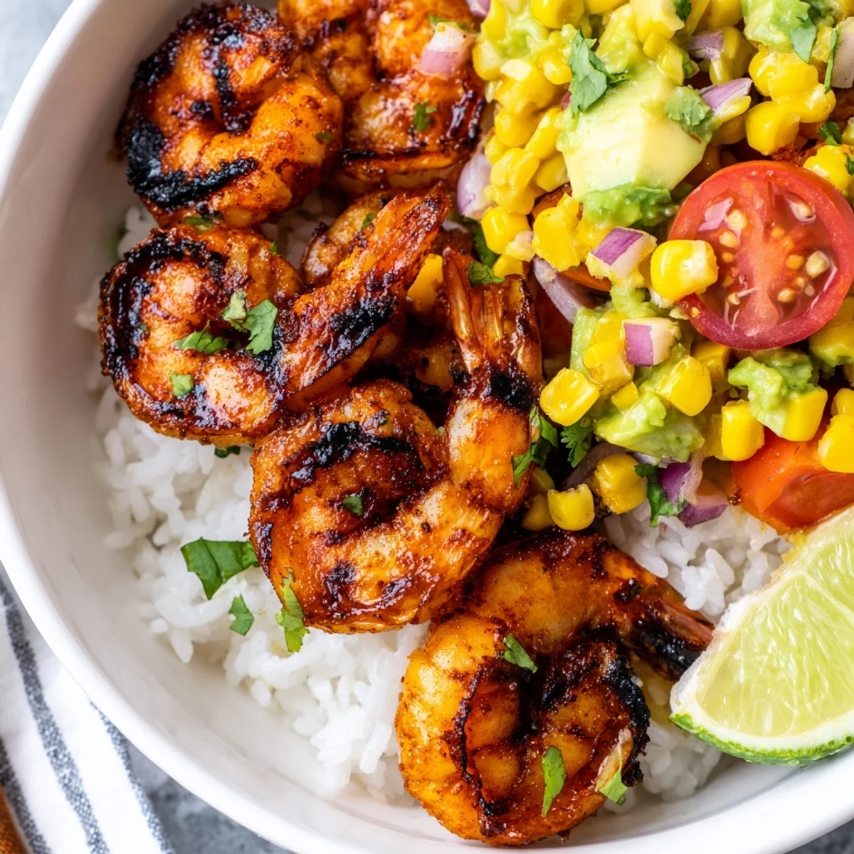 Sizzling grilled shrimp bowl topped with bright avocado corn salsa and lime wedges