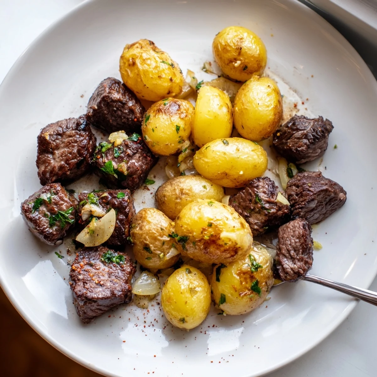 Garlic Steak Bites and Potatoes Recipe on skillet, golden potatoes and parsley