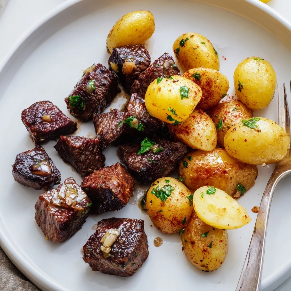 Weeknight Garlic Steak Bites and Potatoes Recipe served with steamed green beans