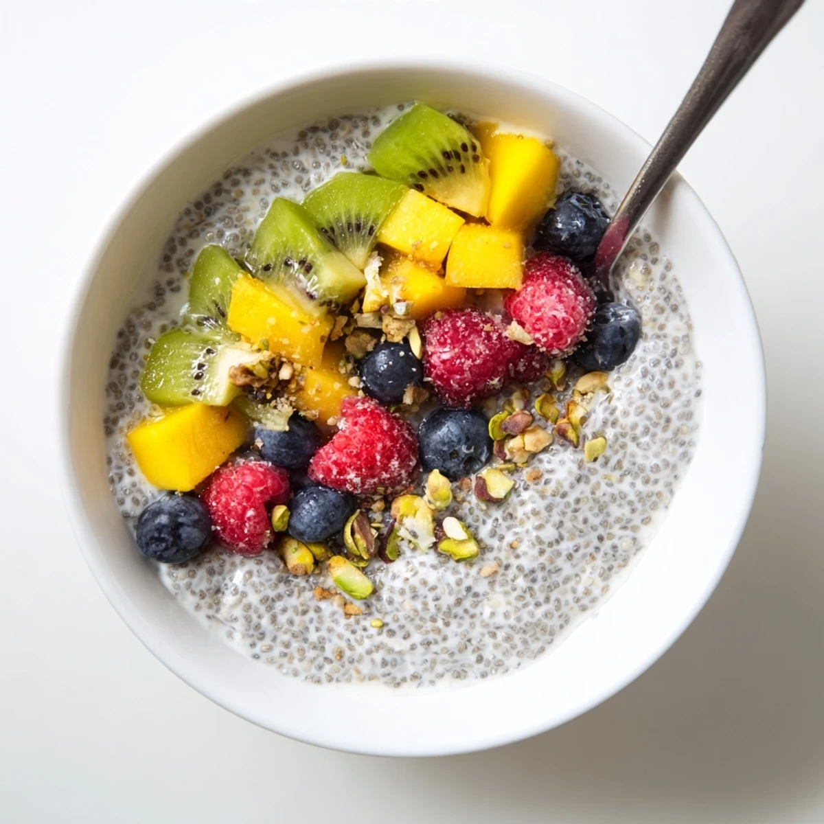 Creamy Coconut Chia Pudding topped with fresh mango and toasted coconut