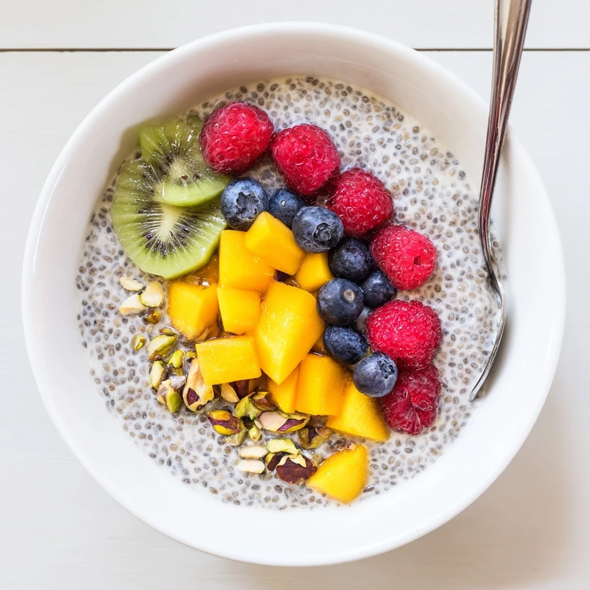 Chilled Coconut Chia Pudding in glass jars, garnished with vibrant berries